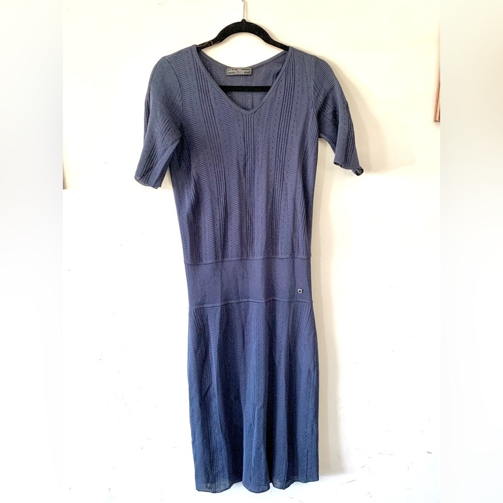 Ferragamo Elegant Navy Blue Knit Designer Dress, Size S